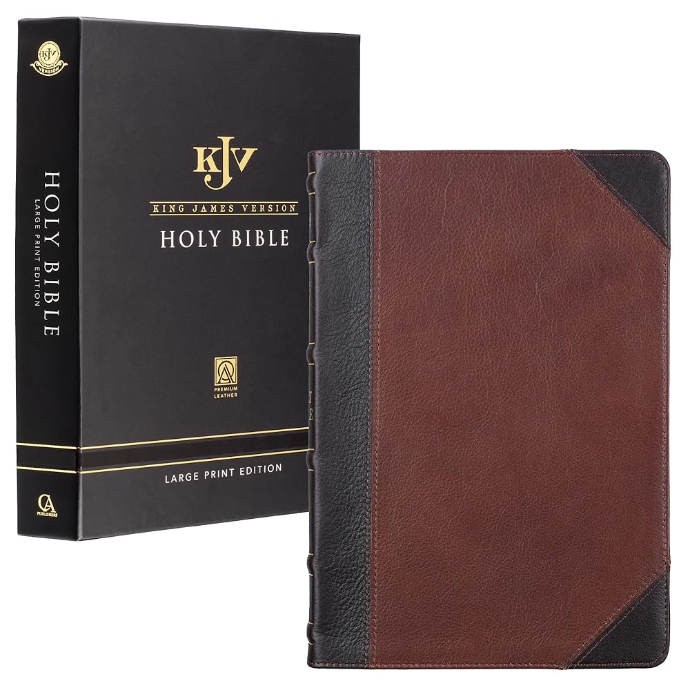 KJV Holy Bible, Thinline Large Print Premium Full Grain Leather Red Letter Edition Ribbon Marker, King James Version, Mahogany/Saddle Tan (KJV Thinline LP Editions) cover image