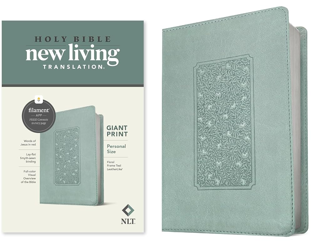 NLT Personal Size Giant Print Bible, Filament Enabled (LeatherLike, Floral Frame Teal, Red Letter): Includes Free Access to the Filament Bible App ... Notes, Devotionals, Worship Music, and Video cover image