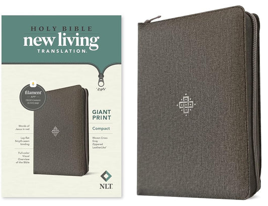 NLT Compact Giant Print Zipper Bible, Filament Enabled (LeatherLike, Woven Cross Gray, Red Letter) cover image