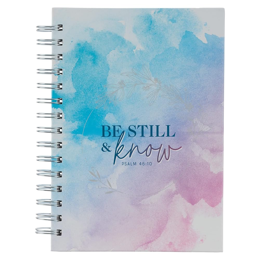 Christian Art Gifts Journal w/Scripture for Women Be Still Psalm 46:10 Bible Verse Watercolor Teal Pink Purple Laurel 192 Ruled Pages, Large Hardcover Notebook, Wire Bound cover image