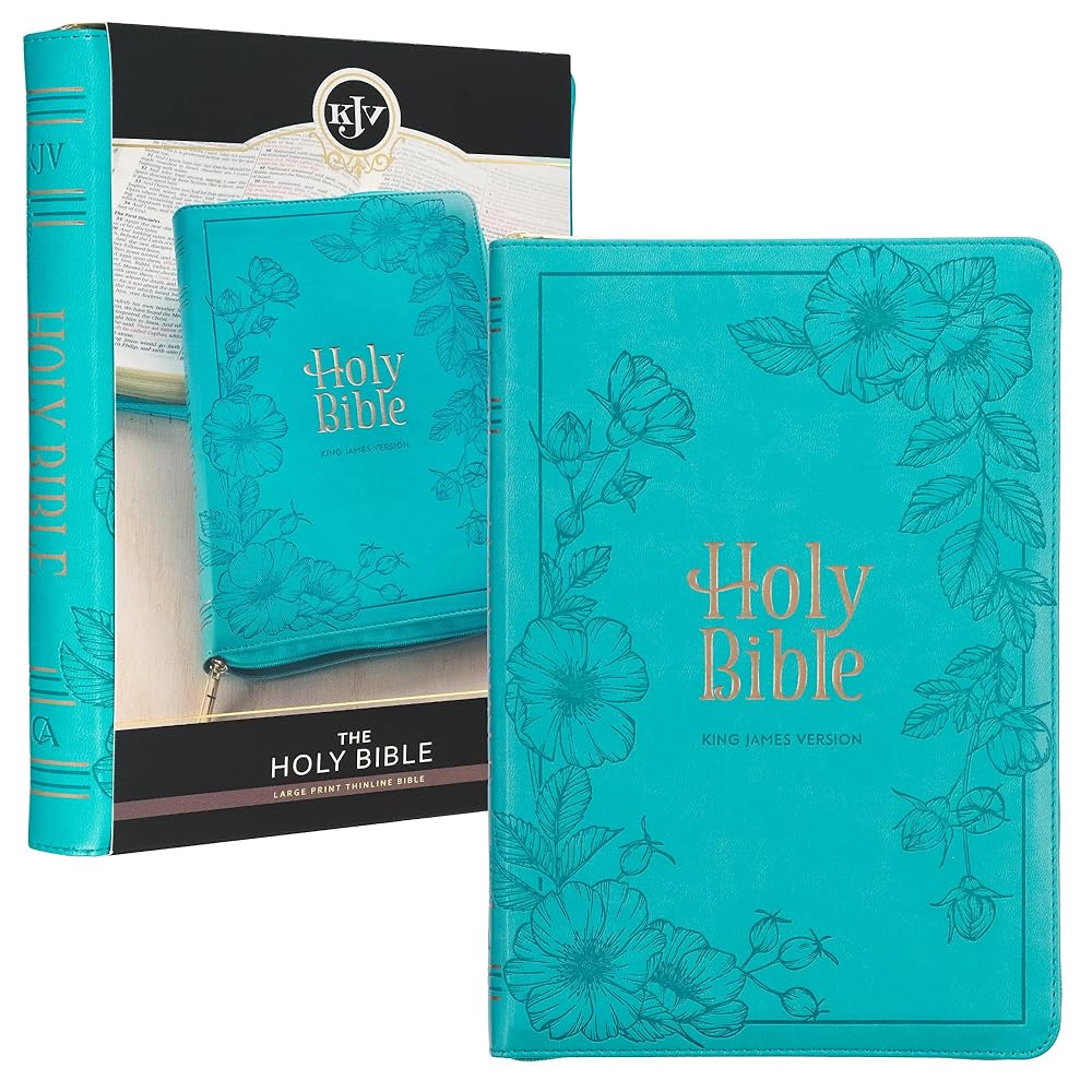 KJV Holy Bible, Thinline Large Print Faux Leather Red Letter Edition Thumb Index, Ribbon Marker, King James Version, Vibrant Teal, Zipper Closure (KJV Thinline LP Editions) cover image