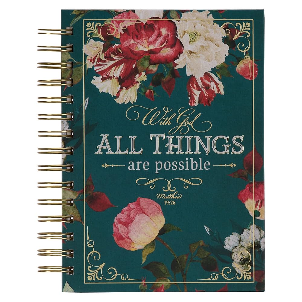 Christian Art Gifts Journal w/Scripture for Women With God All Things Mathew 19:26 Bible Verse Teal/Roses 192 Ruled Pages, Large Hardcover Notebook, Wire Bound cover image