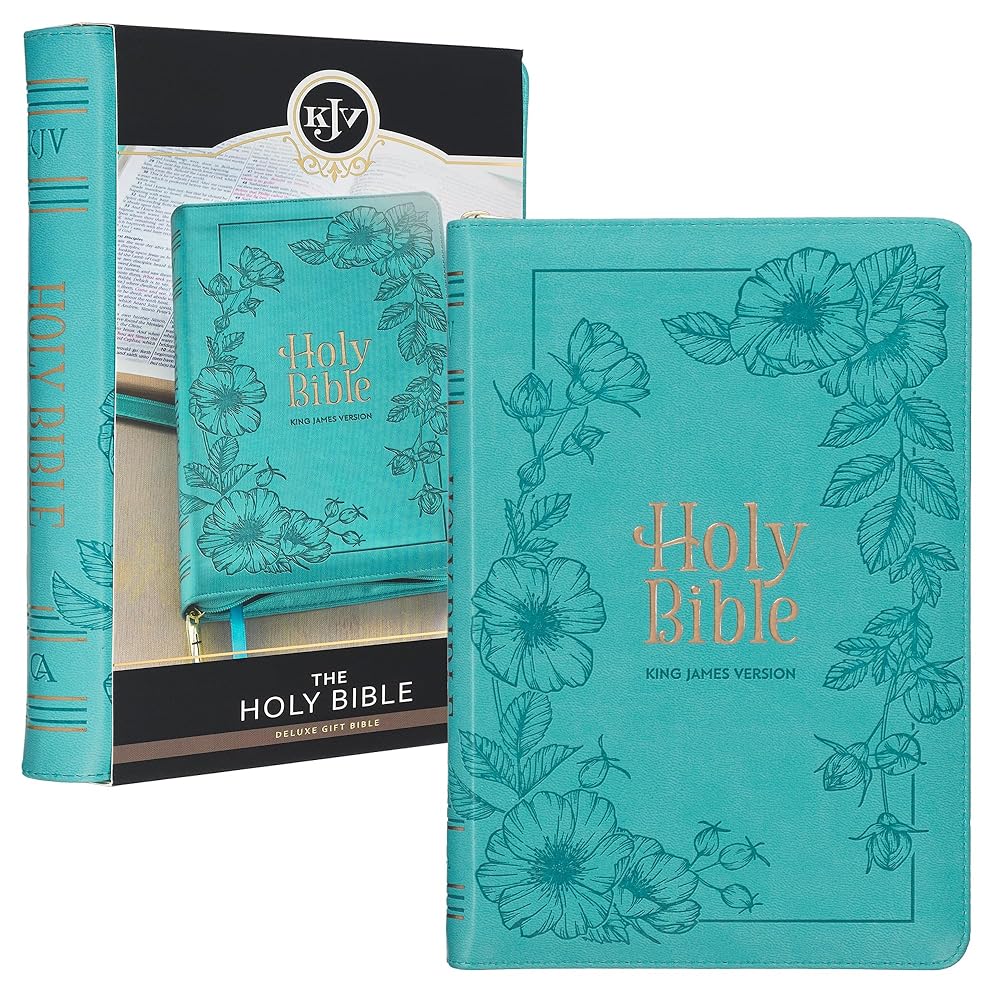 KJV Holy Bible, Standard Size Faux Leather Red Letter Edition Thumb Index, Ribbon Marker, King James Version, Teal Floral Zipper Closure (KJV Deluxe Gift Editions) cover image