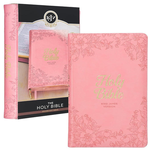 KJV Holy Bible, Standard Size Faux Leather Red Letter Edition Thumb Index, Ribbon Marker, King James Version, Pink Floral Zipper Closure (KJV Deluxe Gift Editions) cover image