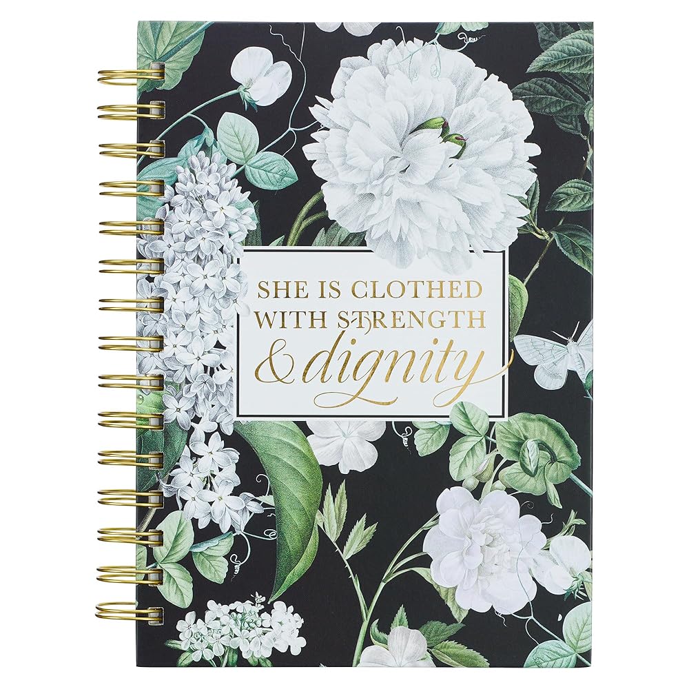 Christian Art Gifts Journal w/Scripture Strength & Dignity Proverbs 31:25 Bible Verse Black Floral 192 Ruled Pages, Large Hardcover Notebook, Wire Bound cover image