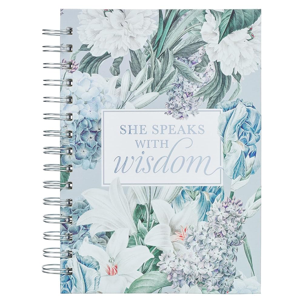Christian Art Gifts Journal w/Scripture She Speaks with Wisdom Proverbs 31:26 Bible Verse Blue Floral 192 Ruled Pages, Large Hardcover Notebook, Wire Bound cover image