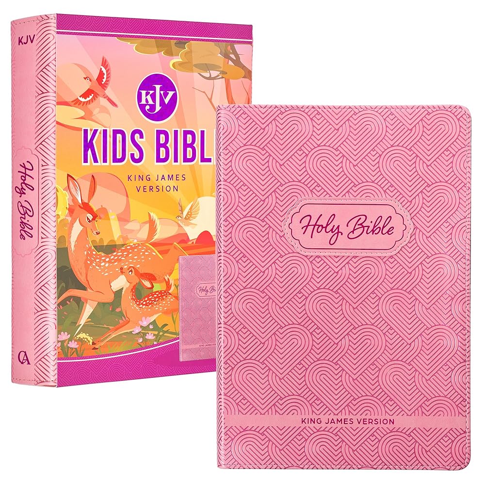 KJV Kids Bible, 40 pages Full Color Study Helps, Presentation Page, Ribbon Marker, Holy Bible for Children Ages 8-12, Blossom Pink Hearts Vegan Leather Flexible Cover (KJV Kids Editions) cover image