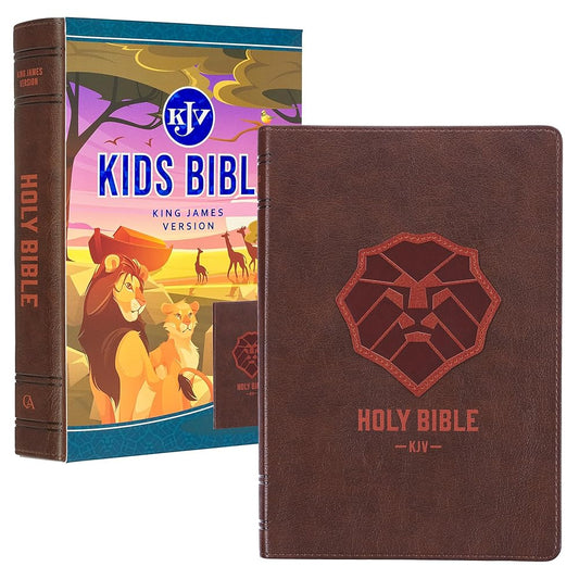 KJV Kids Bible, 40 pages Full Color Study Helps, Presentation Page, Ribbon Marker, Holy Bible for Children Ages 8-12, Lion Emblem Brown Vegan Leather Flexible Cover (KJV Kids Editions) cover image