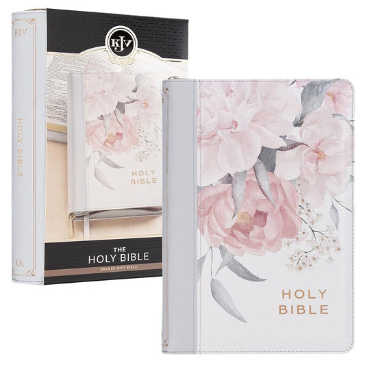 KJV Holy Bible, Deluxe Gift Bible with Thumb Tabs, Ribbon Marker, King James Version, Faux Leather, Frosty Gray and Pink Floral, Zipper Closure (KJV Deluxe Gift Editions) cover image