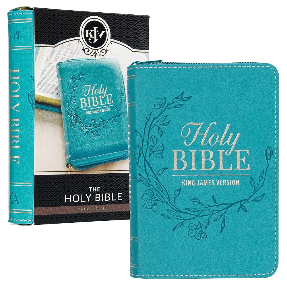 KJV Holy Bible, Mini Pocket Size, Red Letter Edition, Reading Plan, Thematic Verse Finder, Ribbon Bookmark, King James Version, Vegan Leather, Aqua, Zipper Closure, 6.2" x 4.3" (KJV Pocket Editions) cover image