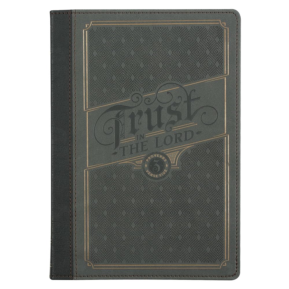 Christian Art Gifts Inspirational Journal, Trust in the Lord Wide Ruled Notebook, Prov. 3:5 Bible Verse, Gray Vegan Leather, 336 Lined Pages w/scripture, (8.6” x 6.1” x .9”) cover image