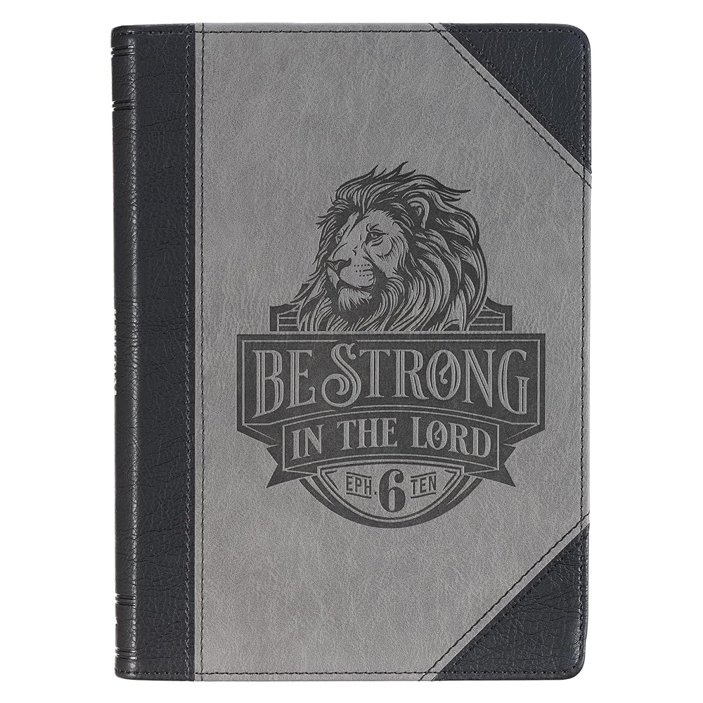 Christian Art Gifts Inspirational Journal, Be Strong in the Lord Wide Ruled Notebook, Eph. 6:10 Bible Verse, Gray Vegan Leather Lion, 336 Lined Pages w/scripture, (8.6” x 6.1” x .9”) cover image