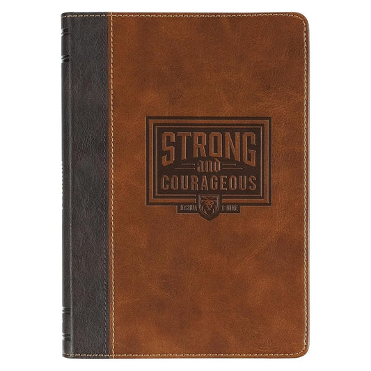 Christian Art Gifts Inspirational Journal, Strong and Courageous Wide Ruled Notebook, Josh. 1:9 Bible Verse, Brown Vegan Leather, 336 Lined Pages w/scripture, (8.6” x 6.1” x .9”) cover image