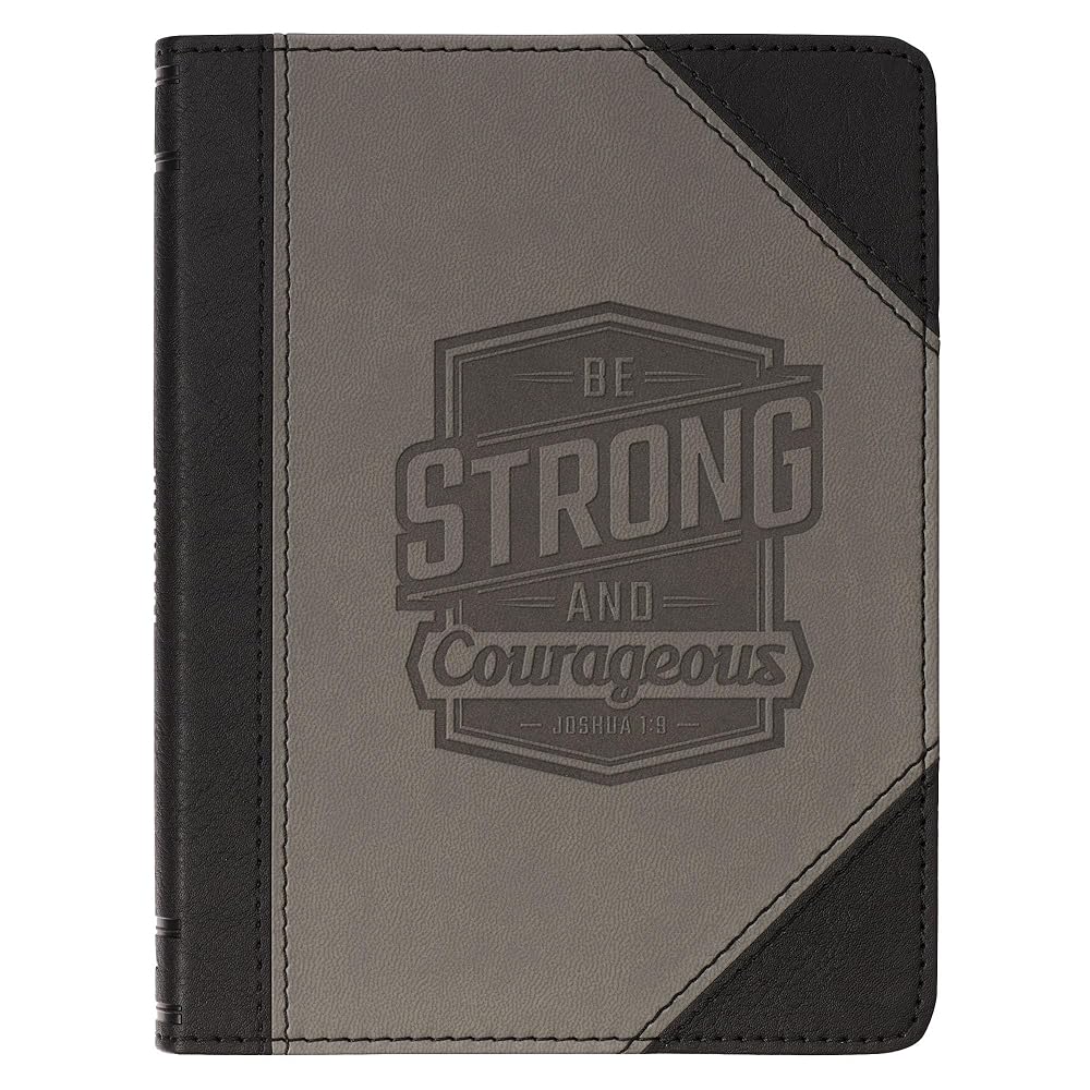 Christian Art Gifts Inspirational Handy-sized Journal, Be Strong and Courageous - Josh. 1:9 Bible Verse, Black/Sand Vegan Leather Two-tone Wide Ruled Notebook, 240 Lined Pages w/Scripture, 7.2” x 5.4” cover image