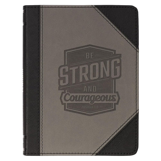 Christian Art Gifts Inspirational Handy-sized Journal, Be Strong and Courageous - Josh. 1:9 Bible Verse, Black/Sand Vegan Leather Two-tone Wide Ruled Notebook, 240 Lined Pages w/Scripture, 7.2” x 5.4” cover image