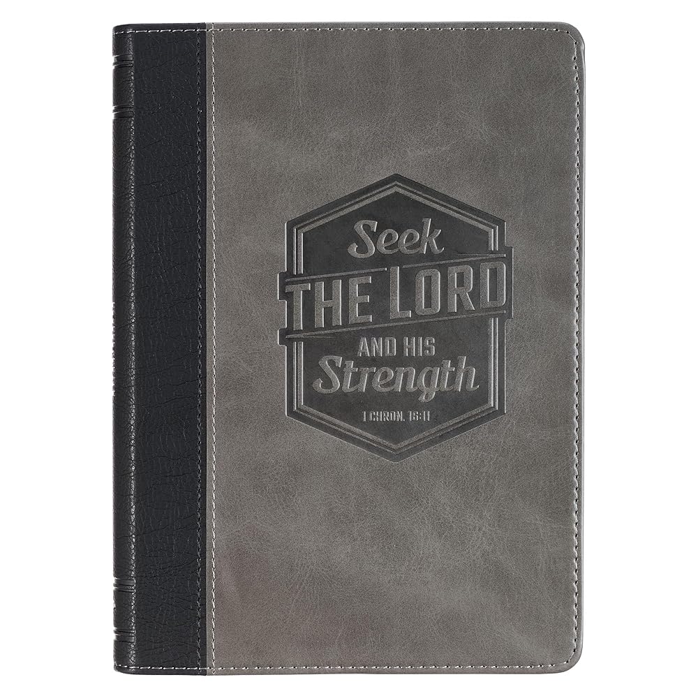 Christian Art Gifts Inspirational Journal, Seek the Lord Wide Ruled Notebook, Chron. 6:11 Bible Verse, Gray Vegan Leather, 336 Lined Pages w/scripture, (8.6” x 6.1” x .9”) cover image