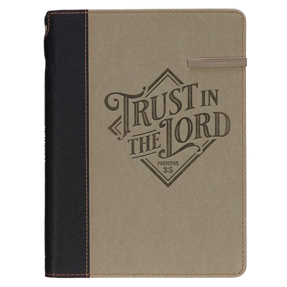 Christian Art Gifts Inspirational Elastic Closure Journal w/Pen Holder, Trust in the Lord - Prov. 3:5 Bible Verse, Black/Sand Two-tone Wide Ruled Notebook, 336 Lined Pages w/Scripture, 8.6” x 6.1” cover image