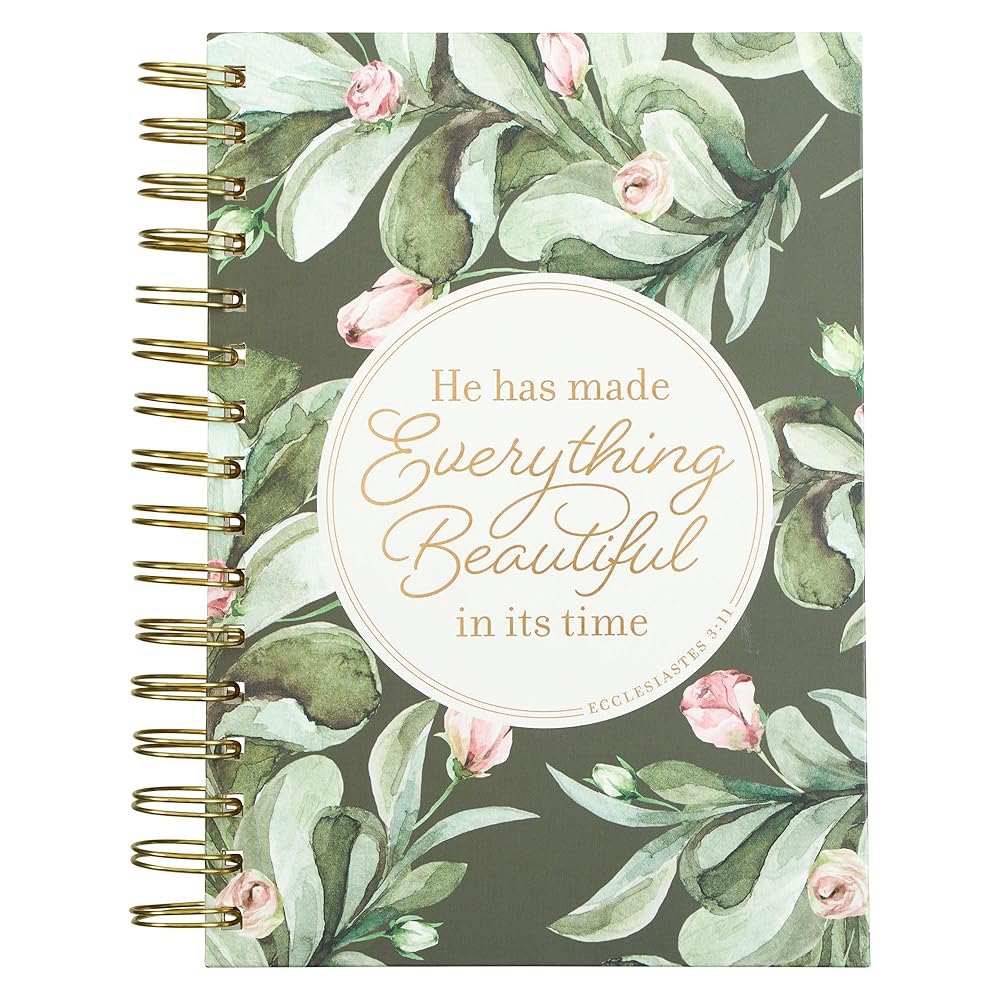 Christian Art Gifts Inspirational Journal, Everything Beautiful Wide Ruled Notebook, Ecc. 3:11 Bible Verse, Green Floral, 192 Lined Pages w/scripture, (8.4” x 6.4” x 1”) cover image