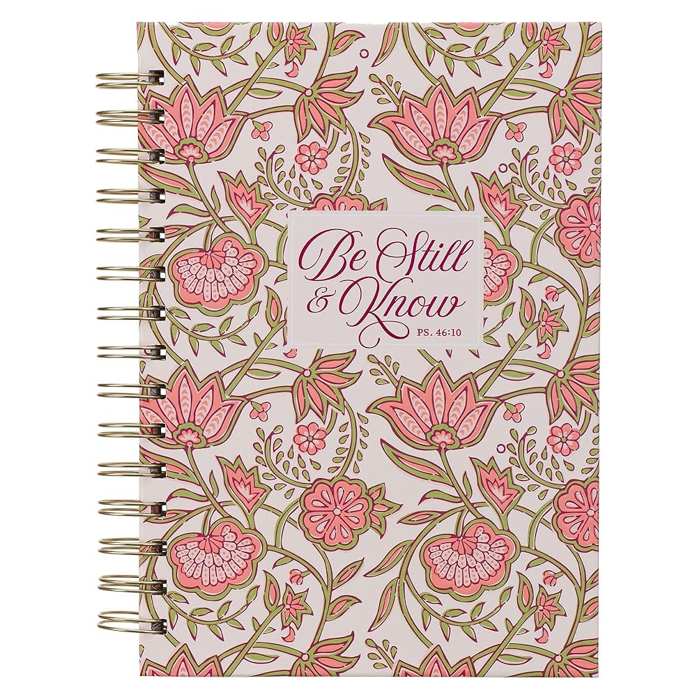 Christian Art Gifts Inspirational Journal, Be Still & Know Wide Ruled Notebook, Psalm 46:10 Bible Verse, Pink Floral, 192 Line Pages w/scripture, (8.4” x 6.4” x 1”) cover image