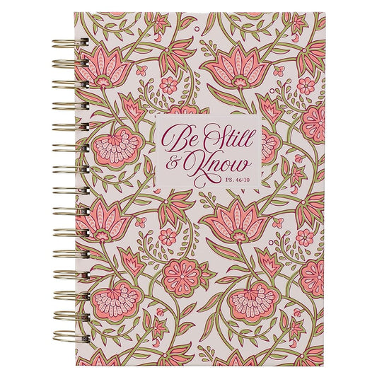 Christian Art Gifts Inspirational Journal, Be Still & Know Wide Ruled Notebook, Psalm 46:10 Bible Verse, Pink Floral, 192 Line Pages w/scripture, (8.4” x 6.4” x 1”) cover image