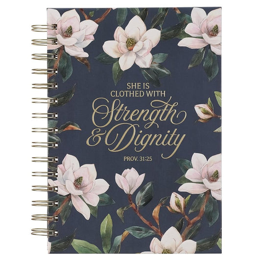Christian Art Gifts Inspirational Journal, Strength & Dignity Wide Ruled Notebook, Prov. 31:25 Bible Verse, Navy Blue Floral, 192 Lined Pages w/scripture, (8.4” x 6.4” x 1”) cover image