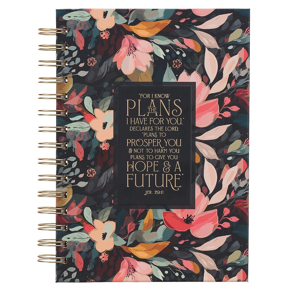 Christian Art Gifts Inspirational Journal, Hope and a Future Wide Ruled Notebook, Jer. 29:11 Bible Verse, Midnight Floral Botanical, 192 Lined Pages w/scripture, (8.4” x 6.4” x 1”) cover image
