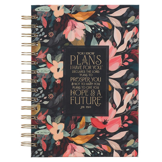Christian Art Gifts Inspirational Journal, Hope and a Future Wide Ruled Notebook, Jer. 29:11 Bible Verse, Midnight Floral Botanical, 192 Lined Pages w/scripture, (8.4” x 6.4” x 1”) cover image