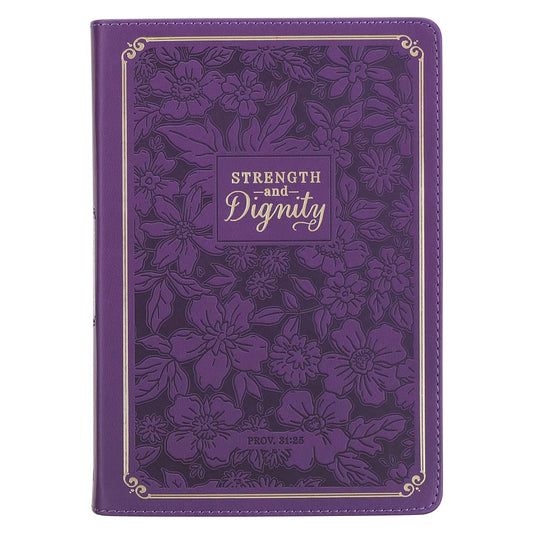 Christian Art Gifts Inspirational Journal, Strength & Dignity Wide Ruled Notebook, Prov. 31:25 Bible Verse, Purple Vegan Leather Floral, 336 Lined Pages w/scripture, (8.6” x 6.1” x .9”) cover image