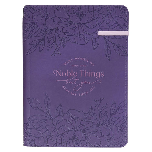 Christian Art Gifts Inspirational Elastic Closure Journal w/Pen Holder, Noble Things Wide Ruled Notebook, Prov. 31:29 Bible Verse, Purple Floral, 336 Lined Pages w/scripture, (8.6” x 6.1” x .9”) cover image