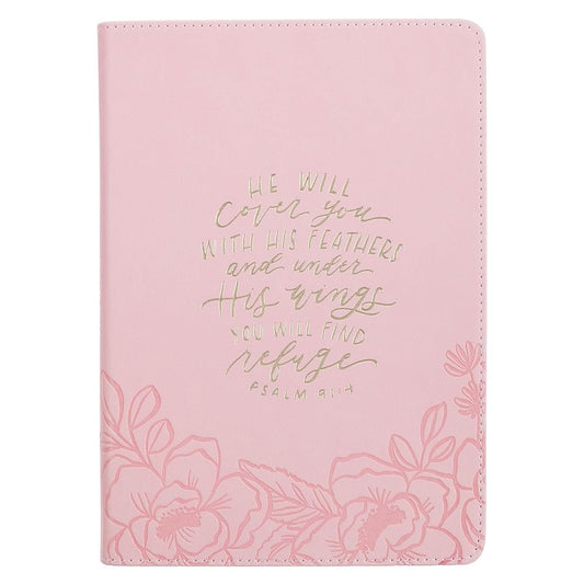 Christian Art Gifts Inspirational Zippered Journal, He Will Cover You Wide Ruled Notebook, Psalm 91:4 Bible Verse, Pink Vegan Leather Floral, 336 Lined Pages w/scripture, (9” x 6.4” x .9”) cover image