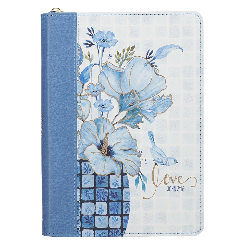 Christian Art Gifts Inspirational Zippered Journal, Love Wide Ruled Notebook, John 3:16 Bible Verse, Blue Vegan Leather Floral, 336 Lined Pages w/scripture, (9” x 6.4” x .9”) cover image