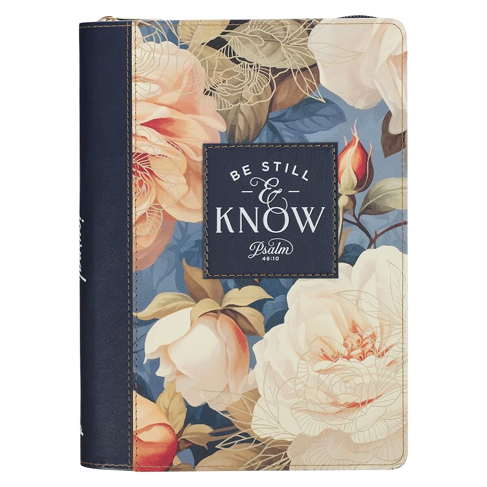 Christian Art Gifts Inspirational Zippered Journal, Be Still Wide Ruled Notebook, Psalm 46:10 Bible Verse, Navy Blue Vegan Leather Floral, 336 Lined Pages w/scripture, (9” x 6.4” x .9”) cover image