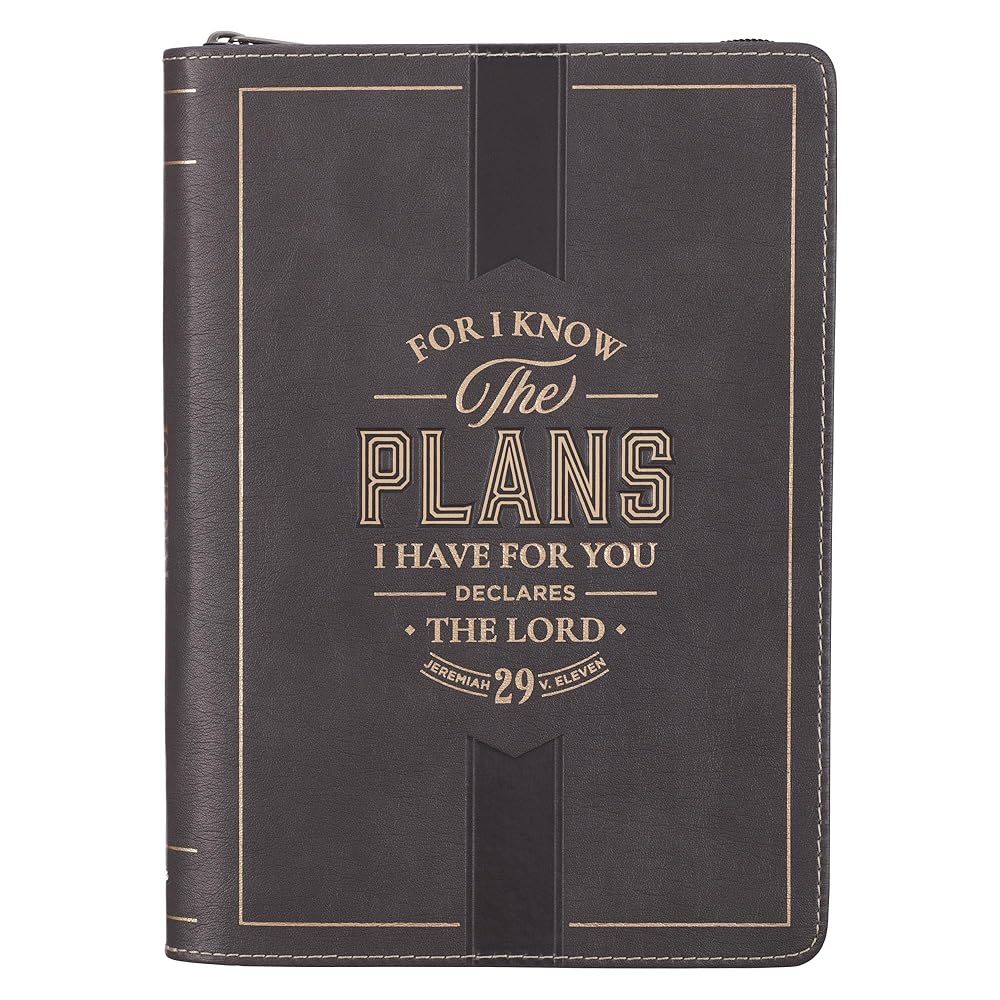 Christian Art Gifts Inspirational Zippered Journal, I Know the Plans Wide Ruled Notebook, Jer. 29:11 Bible Verse, Black Vegan Leather, 336 Lined Pages w/scripture, (9” x 6.4” x .9”) cover image