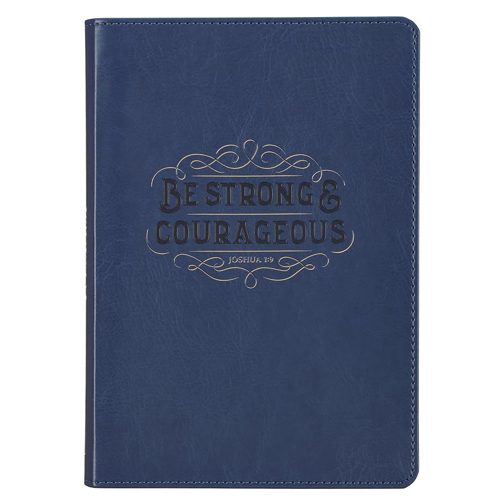 Christian Art Gifts Inspirational Zippered Journal, Be Strong & Courageous Wide Ruled Notebook, Josh. 1:9 Bible Verse, Navy Blue Vegan Leather, 336 Lined Pages w/scripture, (9” x 6.4” x .9”) cover image