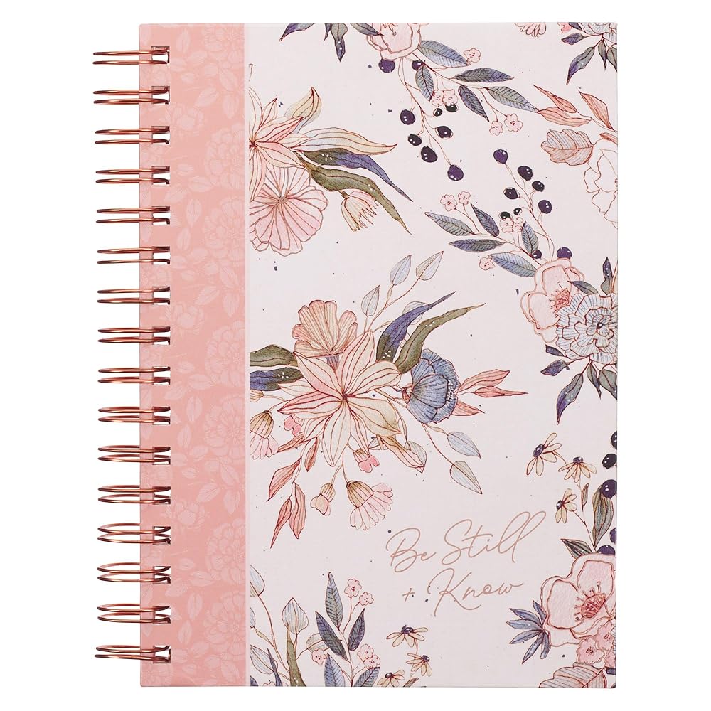 Christian Art Gifts Inspirational Journal, Be Still Wide Ruled Notebook, Psalm 46:10 Bible Verse, Pink Floral, 192 Lined Pages w/scripture, (8.4” x 6.4” x 1”) cover image