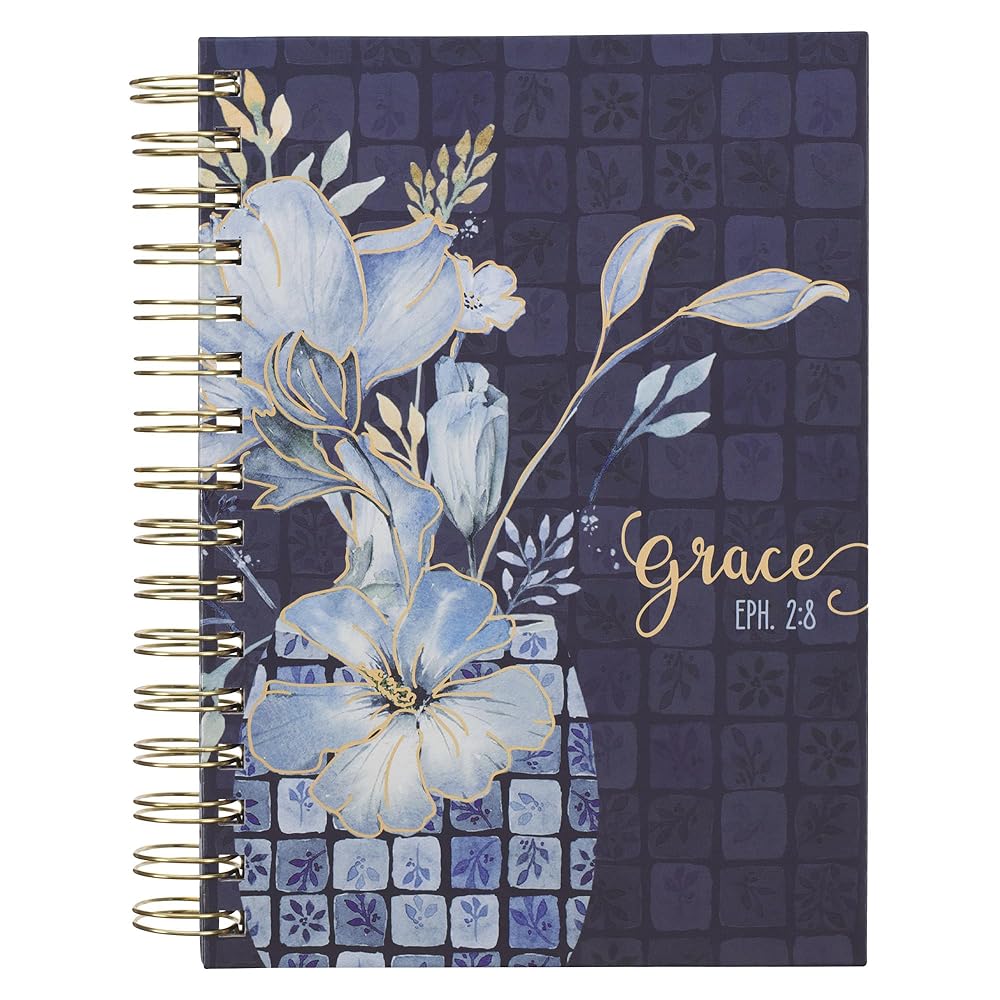 Christian Art Gifts Inspirational Journal, Grace Wide Ruled Notebook, Eph. 2:8 Bible Verse, Blue Floral, 192 Lined Pages w/scripture, (8.4” x 6.4” x 1”) cover image