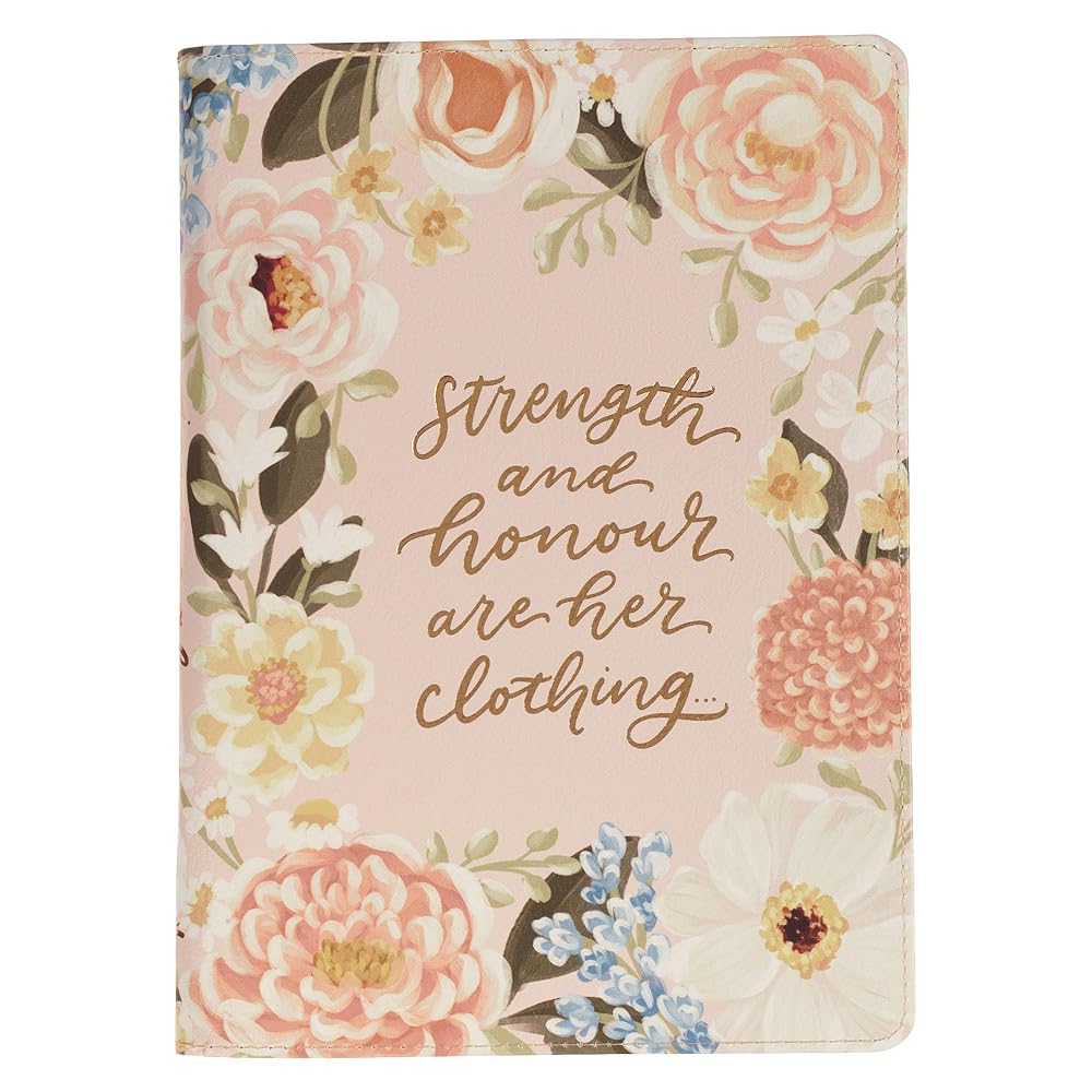 Christian Art Gifts Inspirational Zippered Journal, Strength & Dignity Wide Ruled Notebook, Prov. 31:25 Bible Verse, Pink Vegan Leather, 336 Lined Pages w/scripture, (9” x 6.4” x .9”) cover image