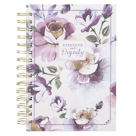 Christian Art Gifts Purple Floral Journal w/ Scripture for Women, Strength & Dignity Prov. 31:25 Bible Verse 192 Ruled Pages, Large Wirebound Notebook (8.4" x 6.4" x 1") cover image