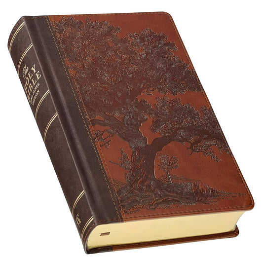 KJV Holy Bible, Giant Print Standard Size Red Letter Edition, Thumb Index Tabs & Ribbon Marker, King James Version, Vegan Leather, Brown, 14 pt. Type cover image