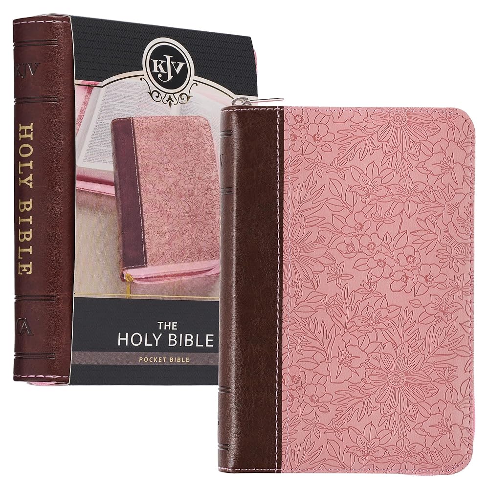 KJV Holy Bible, Mini Pocket Size, Faux Leather Red Letter Edition - Ribbon Marker, King James Version, Pink/Saddle Tan, Zipper Closure (KJV Pocket Editions) cover image