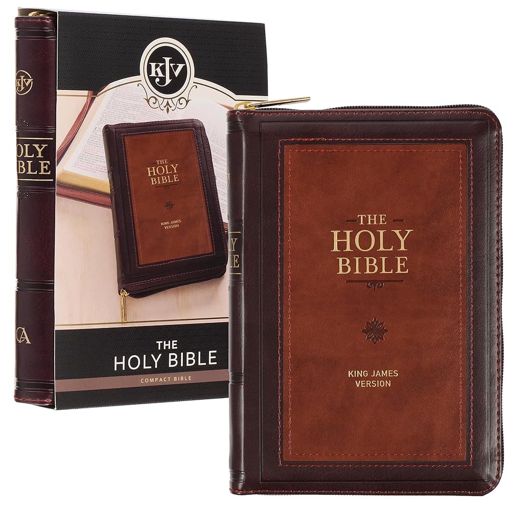 KJV Holy Bible, Compact Faux Leather Red Letter Edition - Ribbon Marker, King James Version, Burgundy/Saddle Tan, Zipper Closure (KJV Compact Editions) cover image