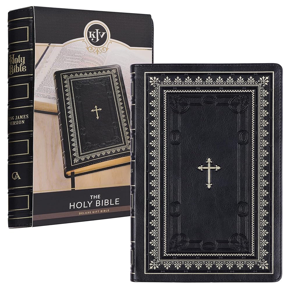 KJV Holy Bible Standard Size Faux Leather Red Letter Edition Thumb Index & Ribbon Marker, King James Version, Black/Gold Cross (KJV Deluxe Gift Editions) cover image