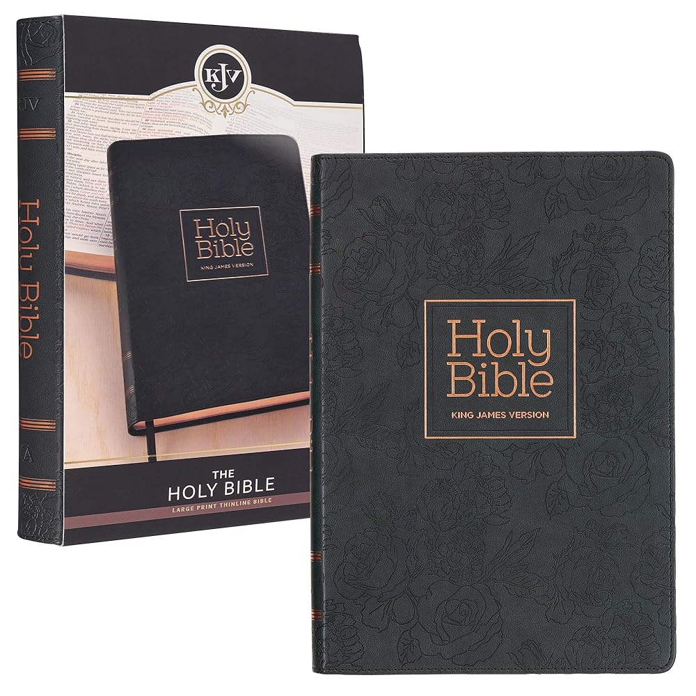 KJV Holy Bible, Thinline Large Print Faux Leather Red Letter Edition Thumb Index, Ribbon Marker, King James Version, Black/Debossed Roses (KJV Thinline LP Editions) cover image