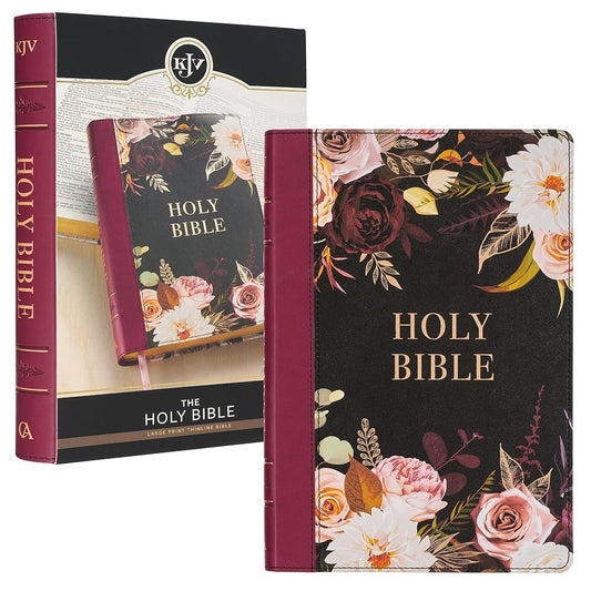 KJV Holy Bible, Thinline Large Print Faux Leather Red Letter Edition Thumb Index, Ribbon Marker, King James Version, Black/Burgundy Printed Floral (KJV Thinline LP Editions) cover image