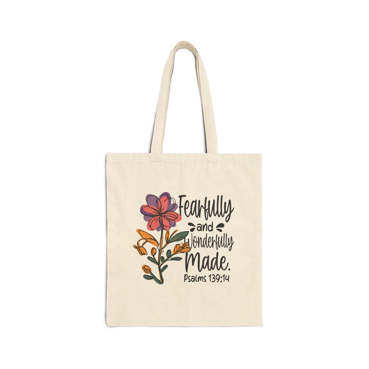 Fearfully and Wonderfully Made Cotton Canvas Tote Bag, Inspirational Tote, Gift for Her, Bible Verse Bag, Floral Tote for Everyday