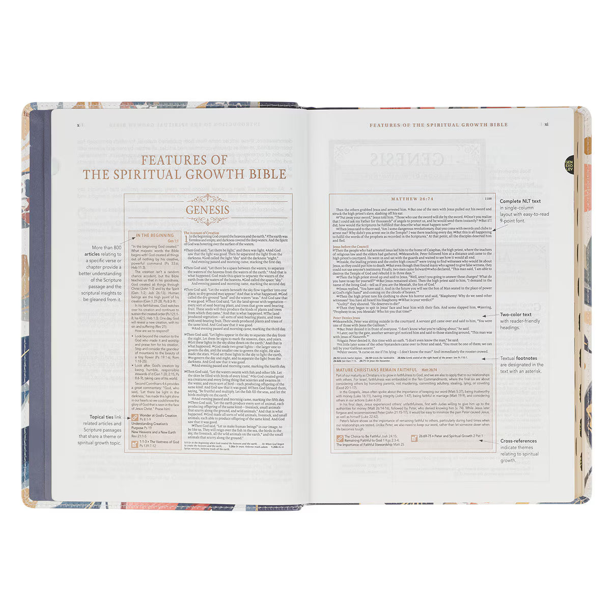 The Spiritual Growth Bible, Study Bible, NLT - New Living Translation Holy Bible, Faux Leather, Navy/Leaf Design